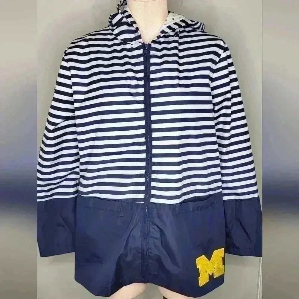 GameDay Michigan Wolverings Blue & White Stripped Hooded Lightweight Jacket Sz M
